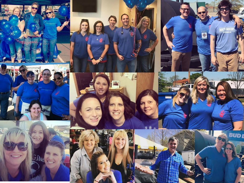 Various photos of community members wearing blue shirts on child abuse awareness day.